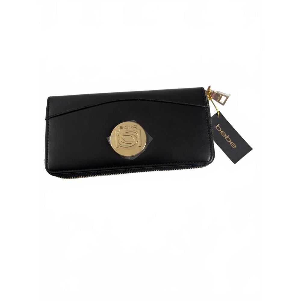 Bebe Melendy Black With Gold Tone Hardware Zip-Around Wallet Clutch New With Tag